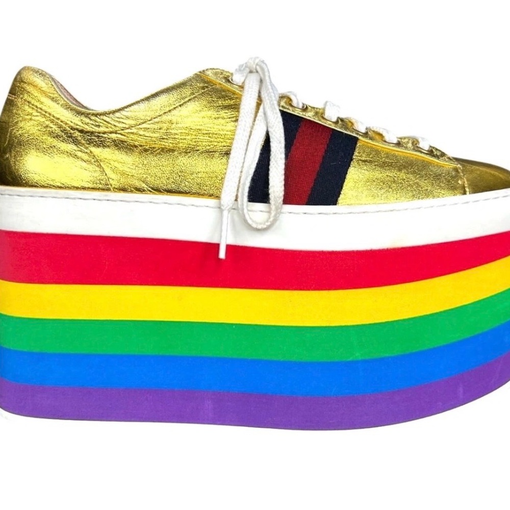 Gucci Metallic Gold Platform Sneakers Rainbow Sole Web Stripe Fashion Sneaker